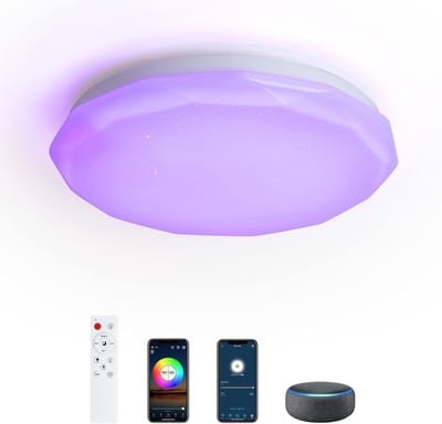 Smart led-plafondlamp, compatibel met Alexa, Google Home, afstandsbediening dimmen en kleuraanpassing, RGB-kleur, echo spraakbediening, voor woonkamer, slaapkamer, 28 W, 28 cm