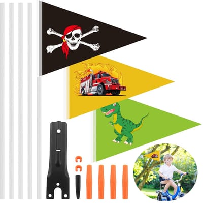 SnelShoppen - 3 Stuks Fiets Pennant Kinderfiets Veiligheidsvlaggen met Bevestigingshoek - Fietsaccessoires voor Kinderen - Piraten, Dino en Brandweer