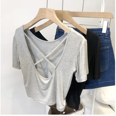 Nieuwe Koreaanse Stijl voor de Zomer, Slank en Strak, Kruis-achter Korte Mouwen T-shirt Top voor Dames XXL