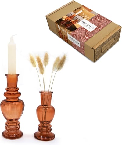 Comforder Cadeauset Glazen Kandelaar Gekleurd - Set van 2 Vazen met Kaars en Droogbloemen - Oranje Kaarsenhouders