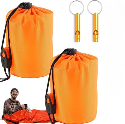 2-delige overlevingsdeken, slaapzak met fluitje en karabijnhaak, thermische deken, noodslaapzak, overlevingsdekens voor wandelen, buiten (oranje)