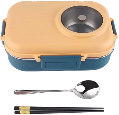 Dailygoody - Stainless Steel Thermos Lunch Box met 3 Compartimenten - Ideaal voor Kantoor, School en Kamperen (Blauw)