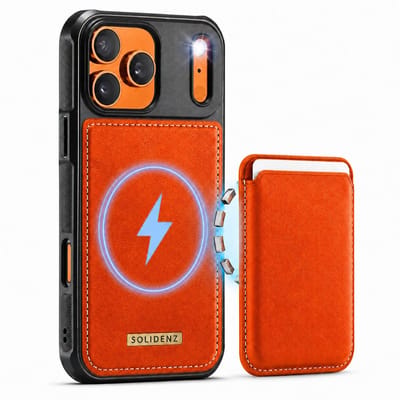 Hoesje geschikt voor iPhone 17 Pro Hoesje met pasjeshouder - Solidenz MagSafe compatibel Wallet Backcover - 3 Kaarten - Schokbestendig - Oranje