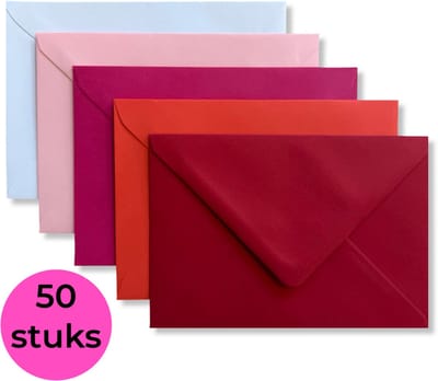 50 Cards & Crafts Luxe gekleurde C6 enveloppen | Rood / Roze | 162x114mm