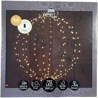 Anna's Collection Verlichte kerstbal hangdecoratie - D40 cm - 129 led - 24 flash lampjes - warm wit - metaal - verlichte bol decoratie
