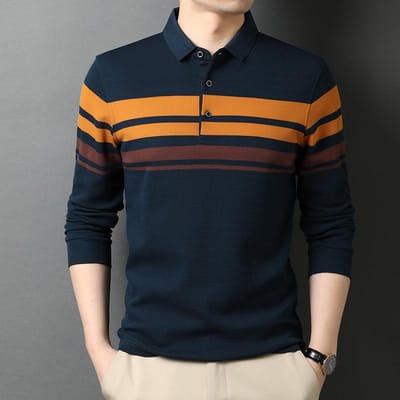 Lente en Herfst Nieuwe Jonge en Middelbare Leeftijd Revers T-shirt Herenkleding Onderhemd Polo Shirt Heren Gestreept Katoen Lange Mouw T-shirt 3XL black
