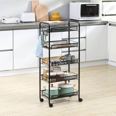 REDOM - Serveerwagen - 5 Niveaus En Afneembare Manden - Industrieel - Voor Keuken En Badkamer - Staal - Zwart - 45 X 26,5 X 106 Cm