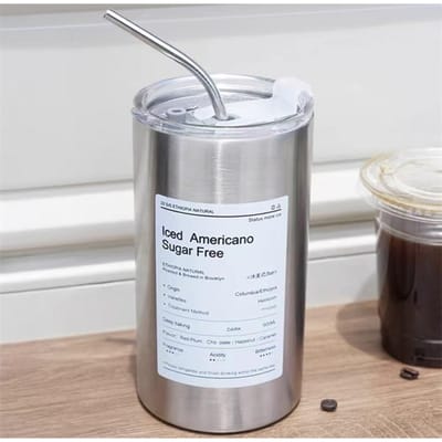 Dubbellaagse Eenvoudige Roestvrijstalen Beker met Hoge Waarde Creatieve Bijbehorende Koffiekop Metalen Thermosbeker met Deksel Rietjesbeker 600ml