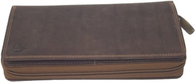Oi Hunter bruine leren ritsportemonnee lang met klep voor pasjes / afsluitbare lederen damesportemonnee met ritsvak / platte beurs afsluitbaar / anti skim / bruin leer / 404H