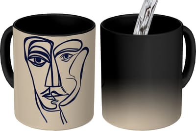 Magische Mok - Foto op Warmte Mokken - Koffiemok - Minimalistisch - Lijnillustratie - Beige - Donkerblauw - Magic Mok - Beker - 350 ML - Theemok