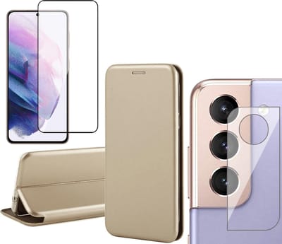 Hoesje geschikt voor Samsung Galaxy S21 FE - Book Case Kunstlederen Wallet Cover Minimalistisch Pasjeshouder Hoes Goud - Full Tempered Glass Screenprotector - Camera Lens Protector