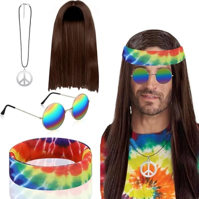 Hippy Kostuum Set voor Mannen en Vrouwen - Flower Power Outfit voor Carnaval, Halloween en Themaparty's met Accessoires uit de Jaren 60, 70 en 80