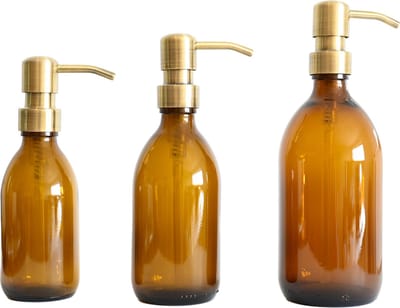 Groeikruid® Zeeppompjes Set voor Keuken, Badkamer en Toilet | Zeepdispensers 200 ml + 300 ml + 500 ml | Vrijstaand en Hervulbaar | Amber Glas met RVS pompkop | Bronsgoud