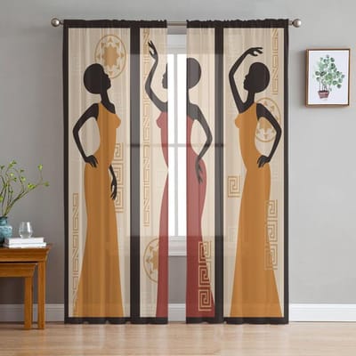 Afrikaanse Vrouwen Flessen Transparante Gordijnen Voor Woonkamer Slaapkamer Meisjes Kamer Decoratie Tule Gordijnen 135W x 114H(cm) black