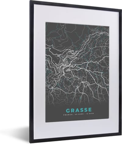 Fotolijst incl. Poster - Grasse - Frankrijk - Stadskaart - Plattegrond - Kaart - 30x40 cm - Posterlijst