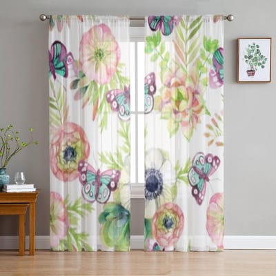 Aquarel Vlinder Bloem Transparante Gordijnen voor Woonkamer Transparant Tule Raamgordijn Slaapkamer Keuken Decor Sluier Draperieën 135W x 114H(cm) white