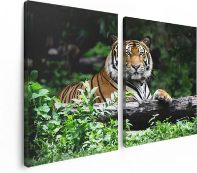 Artaza Canvas Schilderij Tweeluik Tijger In Het Bos - 120x80 - Foto Op Canvas - Canvas Print