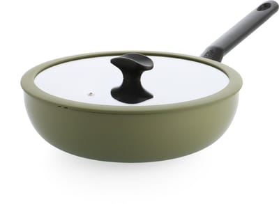 BK Enjoy Wokpan 28cm – 4.2L – PFAS-vrije antikleeflaag – Wokpan inductie – Keramische pan - Ovenbestendig tot 160°C – Koudgrepen - Met glazen deksel - Olijfgroen