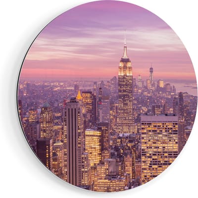 Artaza Dibond Muurcirkel New York Skyline Met Lichten Bij Zonsondergang - Ø 70 cm - Wandcirkel - Rond Schilderij - Voor Binnen en Buiten