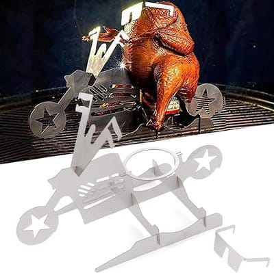 Famanu Kippenhouder, Bierblik Kippenhouder,Roestvrij Staal Opvouwbare Kip Roaster Rack Bierblik, Kip Stand met Druppel Pan voor Oven Barbecue BBQ Grill Accessoires(Motorfiets Kip Grillrek)
