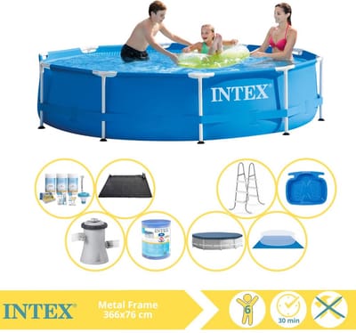 Intex Rond Frame Zwembad - 366 x 76 cm - Blauw - Inclusief Pomp - Afdekzeil - Onderhoudspakket - Filter - Grondzeil - Solar Mat - Ladder - Voetenbad - 9-delig