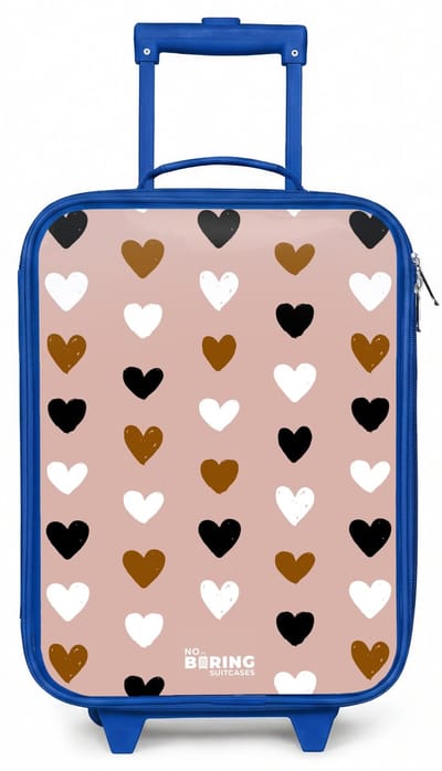 NoBoringSuitcases.com® - Kinderkoffer blauw - Kindertrolley jongen - Zwart, wit en bruin hartjespatroon op oudroze achtergrond - Koffer kind lichtgewicht - Reiskoffer trolley voor kinderen - Koffertje met lichtgevende wieltjes - Rolkoffer