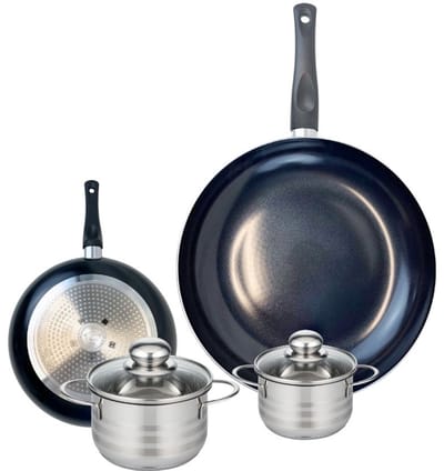 Set van 2 Koekenpannen 20 en 32 cm en 2 kookpotten 12 en 14 cm Elo Prima Brillant