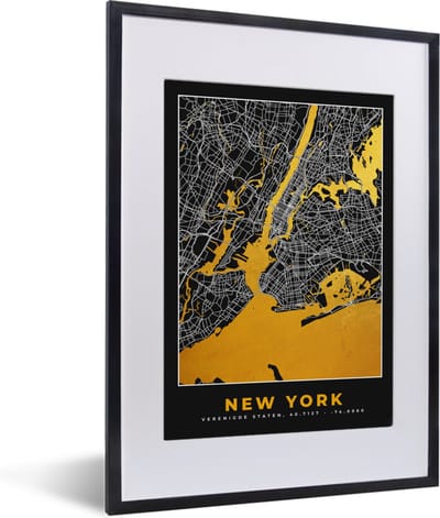 Fotolijst incl. Poster - New York - Stadskaart - Goud - Kaart - Plattegrond - 30x40 cm - Posterlijst