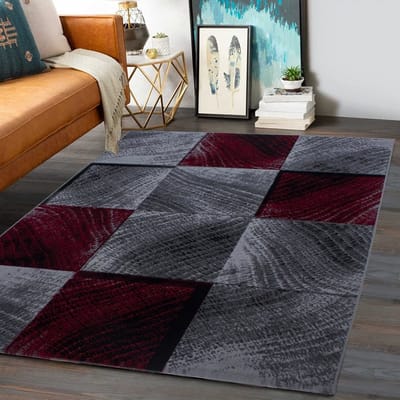 Flycarpets Marlon Vloerkleed Geblokt - Laagpolig - Rood / Grijs - 240x340 cm