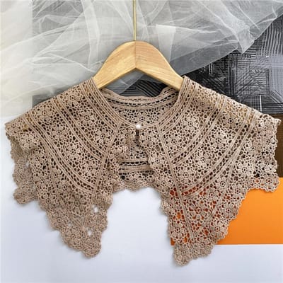 Femmes Col Faux Crochet Ajouré Dentelle Florale Couleur Unie Lolita Grand Châle Bouton Détachable Court Poncho Capelet gray