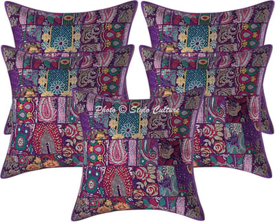 Set van 5 Sierkussenshoezen Katoen Patchwork Vloerkussenhoes Boho 60x60 cm Paars Geborduurd