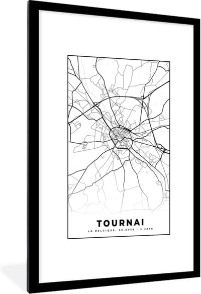 Fotolijst incl. Poster Zwart Wit- Zwart Wit – België – Plattegrond – Stadskaart – Kaart – Tournai - 80x120 cm - Posterlijst