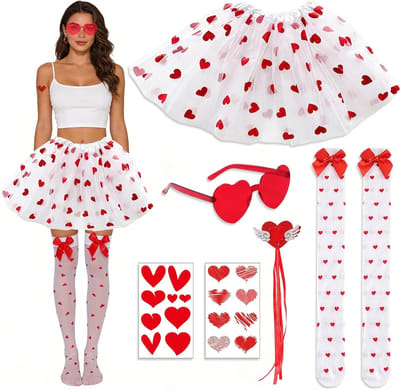 7-delige Amor Kostuumset voor Dames met Tüllrok, Hoofdband, Magische Toverstaf, Sokken, Bril en Tatoeages voor Valentijnsdag, Carnaval en Cosplay Feesten