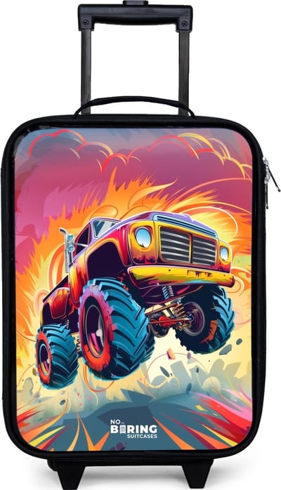 NoBoringSuitcases.com® - Kinderkoffer jongen - Kindertrolley meisje - Roze Monstertruck Vliegt over het Asfalt - Koffer kind lichtgewicht - Reiskoffer trolley voor kinderen - Koffertje met lichtgevende wieltjes - Rolkoffer zwart