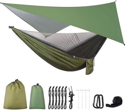 Dubbele campinghangmat – Met muskietennet en regenkap, hoogwaardig nylon