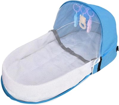 Reisbed voor onderweg - Draagbaar bedje - Comfortabel slapen - Met speelgoedstang - 42 x 34 cm - Blauw