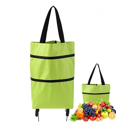Boodschappentassen - Opvouwbare trolley met wielen - Boodschappentassen op wielen - 2-in-1 opvouwbare boodschappentrolley op wielen - Herbruikbaar - Draagvermogen van 25 kg - Geschikt voor groenten, fruit en dagelijkse benodigdheden - Groen