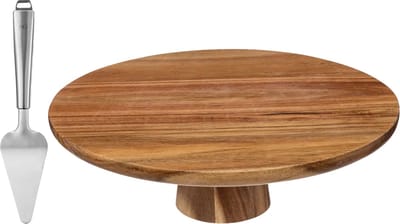 5Five taart/gebak serveerschaal - plat - rond - acacia hout - 28 x 9 cm - presentatie schaal