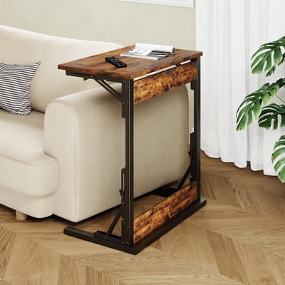 DESMIU Bijzettafel - Opklapbaar C Vormig Ontwerp Met Verstelbare Voetjes - Voor Woonkamer Slaapkamer En Thuiswerk - Houtlook - Rustiek Bruin - 60x37x71 Cm
