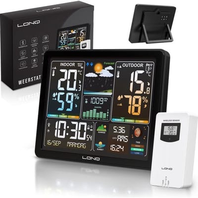 LONQ Weerstation Binnen en Buiten Q5 - Incl. Batterijen - Draadloos Weerstation met Buitensensor - Thermometer Hygrometer - Kleurendisplay - DCF Gestuurde Klok