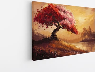 Saammp Canvas Schilderij - Abstracte Boom met rode bladeren - Landschap - Natuur - 30x20 - Foto op canvas - Wanddecoratie - Muurdecoratie Woonkamer - Slaapkamer decoratie - Canvas Print