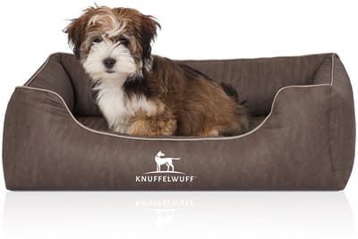 Knuffelwuff orthopedisch hondenbed Tampa van met laser gestikt kunstleer M-L 85 x 63 cm bruingrijs