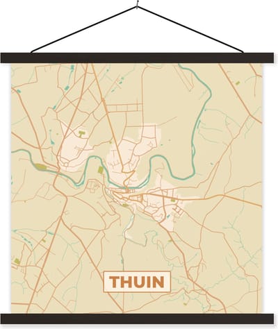 Posterhanger incl. Poster 60x60 cm - Schoolplaat - Plattegrond - Thuin - Stadskaart - Kaart - Vintage - Textielposter - Zwarte latten - Stadskaart