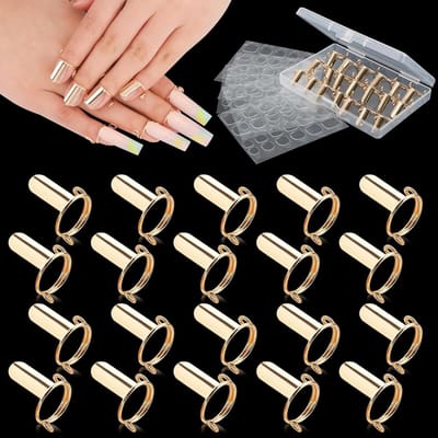 EBANKU 20PCS Wudu Nail Rings, Adjustable Fingernail Rings with 120PCS Nail Glue Reusable Metal Nail Ring Set for False Nails, Nail Art Decoration (Gold)