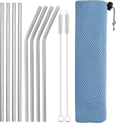 Fako Bijoux - RVS Rietjes Set - 8 Herbruikbare Rietjes - 4 Recht en 4 Gebogen - 21 cm - Duurzaam en Stijlvol - Incl 2 Schoonmaakborstels en Mesh Zakje - Blauw
