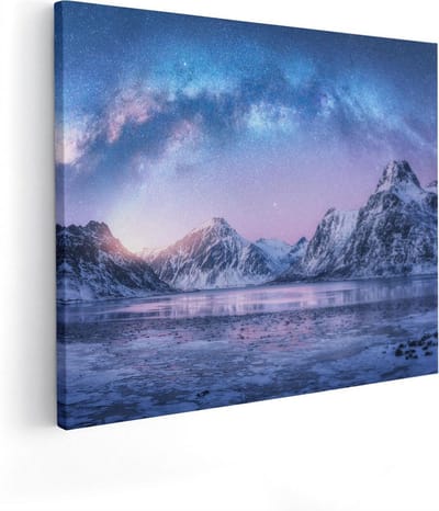 Artaza Canvas Schilderij Winterlandschap - 50x40 cm - Muurdecoratie Bergen - Wanddecoratie Sterrenhemel - Kamer Accessoires Natuur