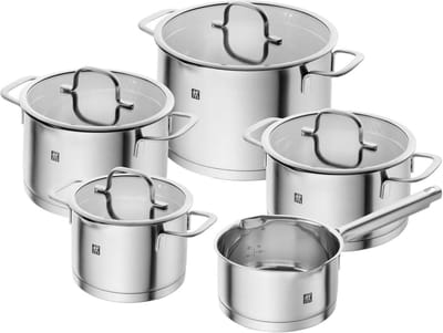 Pannenset 5-delige kookpotset roestvrij staal schenkfunctie inductie zilver Pannenset