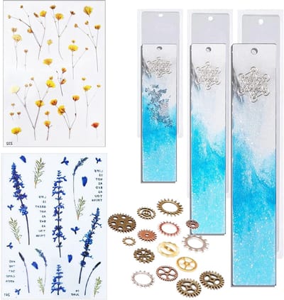 Set van 6 Boekmerken Gietmallen van Hars, Inclusief Dried Flower Vulling en Gereedschap voor DIY Creatieve Boekaccessoires