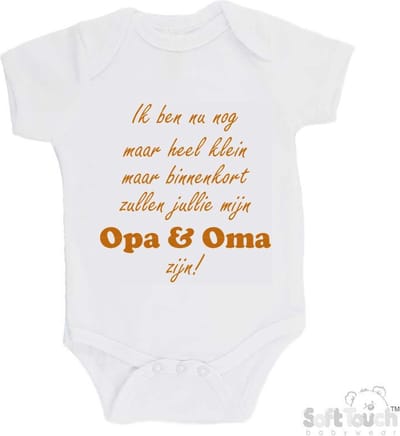 100% katoenen Romper "Ik ben nu nog maar heel klein maar binnenkort zal jij mijn opa & oma zijn!" Unisex Katoen Wit/tan Maat 56/62