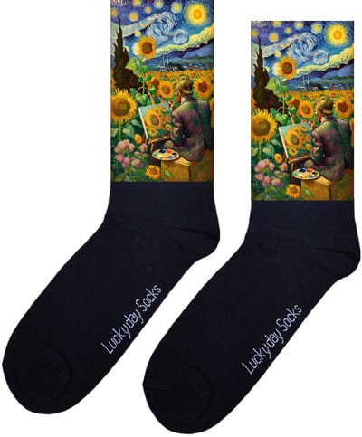 LuckyDay Socks - Kunstsokken van Gogh - Zonnebloemen sokken- Kunstenaar - Sterrennacht sokken - Verjaardag cadeau - Kunst sokken - Vrolijke sokken - Grappige sokken - Leuke dames en heren sokken - Moederdag - Vaderdag - Onesize
